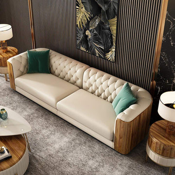 111" 4-Seater White Chesterfield Sofa with Green Pillows-Richsoul-Furniture,Living Room Furniture,Sofas & Loveseats